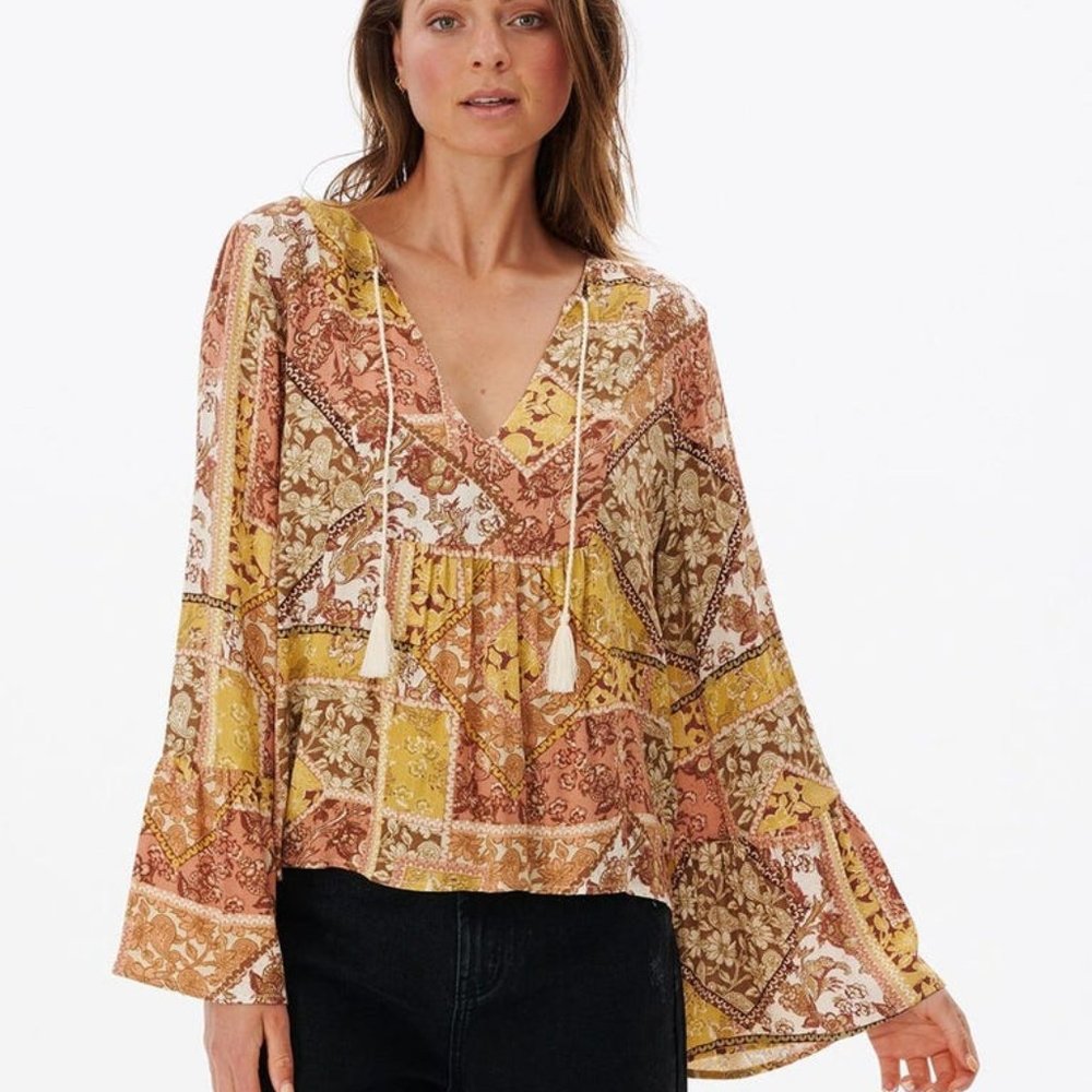 Rip Curl Patchwork Floral Peasant Blouse in Mustard & Rust